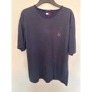 Tommy Hilfiger Mens XL Striped T-Shirt Purple Green Crest Logo Cotton Tee